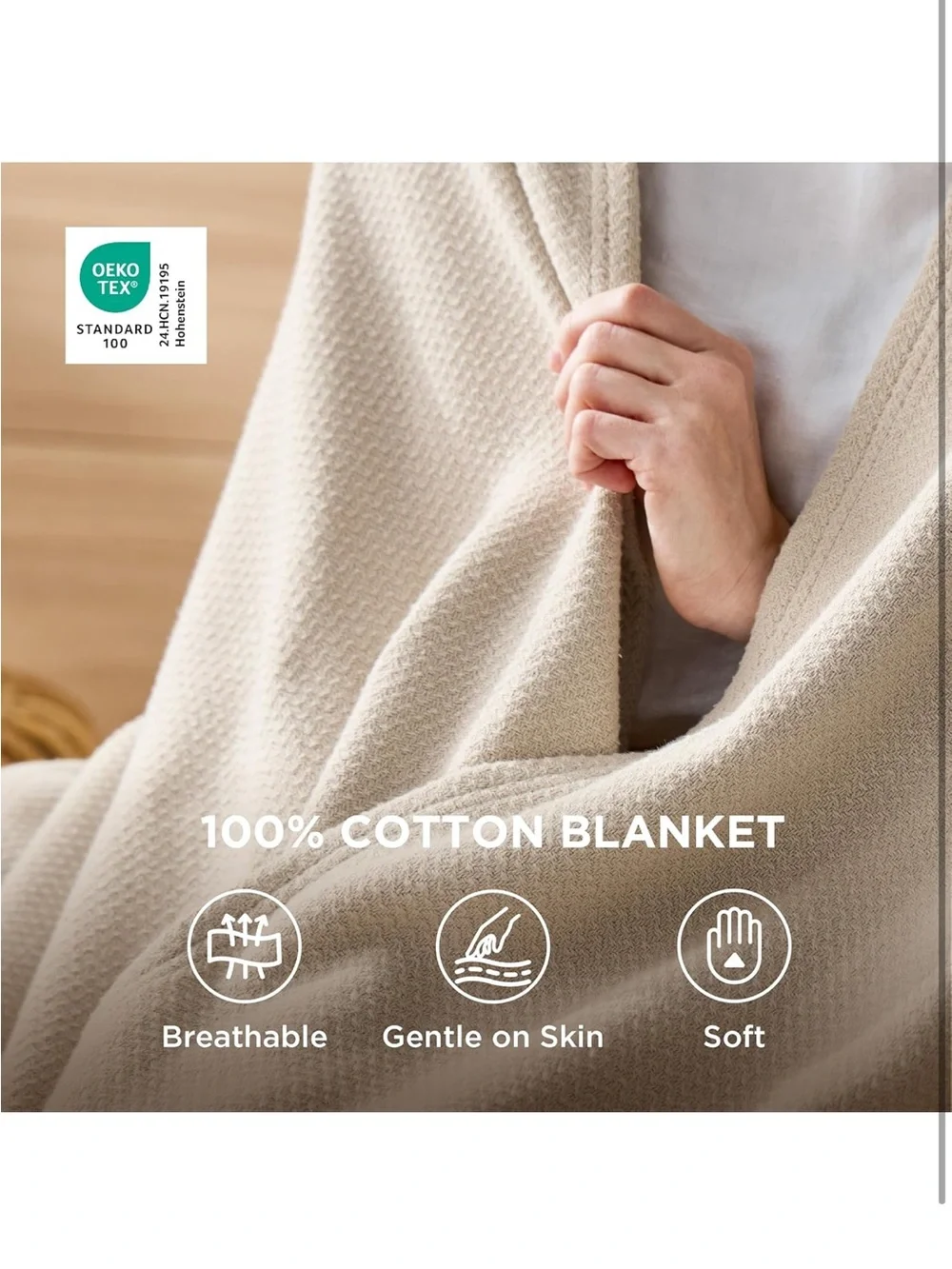 NEW Bedsure GentleSoft 100% Cotton Blanket.  Breathable/Lightweight, Herringbone